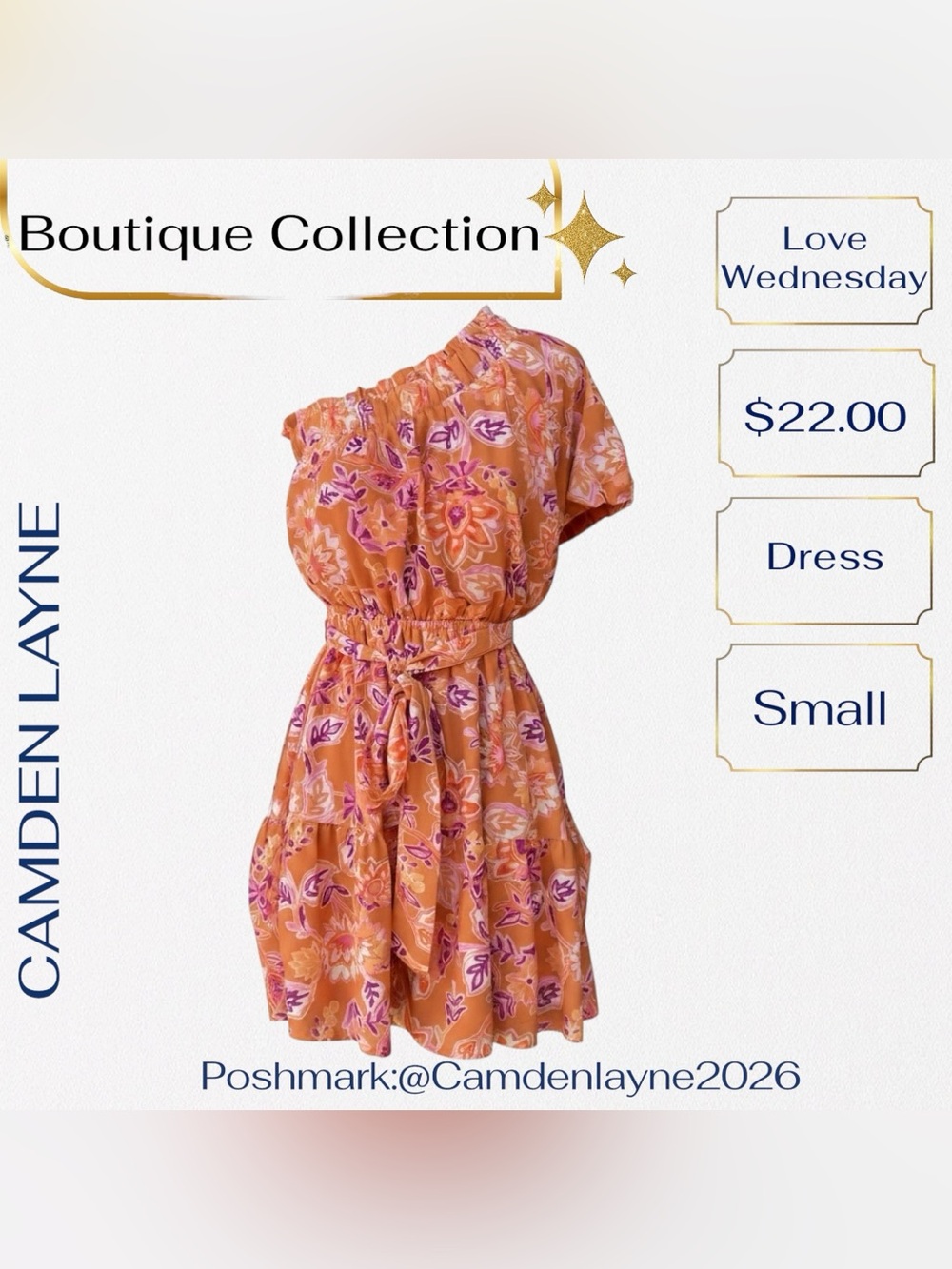 One-Shoulder Orange Floral Mini Dress - Picture 2 of 12